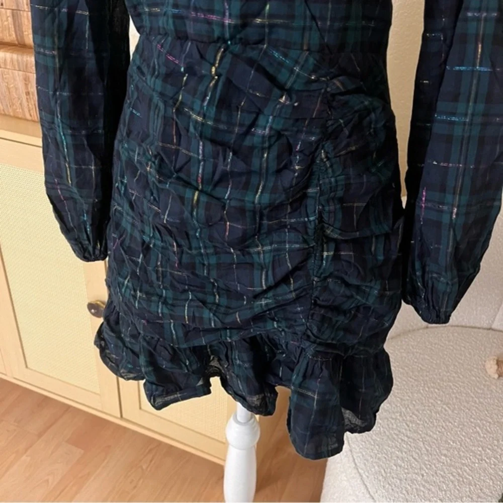 LOVERS + FRIENDS Green Plaid Ruffle Ruched Detail Nanette Mini Dress Size M NWOT